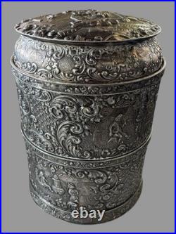 Vintage Antique Victorian Silverplate Scenic Repousse Cigar Humidor Glass Liner
