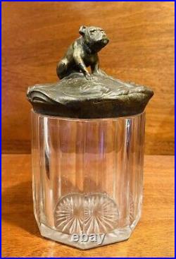 Vintage Art Nouveau English Bulldog Lidded Glass Tobacco Jar, Cigar, Humidor