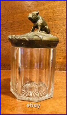 Vintage Art Nouveau English Bulldog Lidded Glass Tobacco Jar, Cigar, Humidor