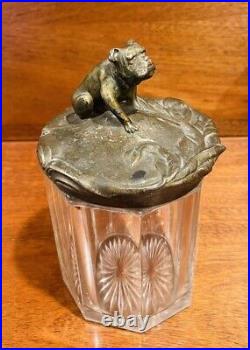 Vintage Art Nouveau English Bulldog Lidded Glass Tobacco Jar, Cigar, Humidor