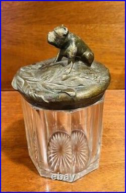 Vintage Art Nouveau English Bulldog Lidded Glass Tobacco Jar, Cigar, Humidor