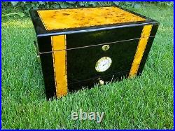 Vintage BIG SIZE Cigar Box Humidor With Hygrometer Wooden Black 37 x 24 x 22cm