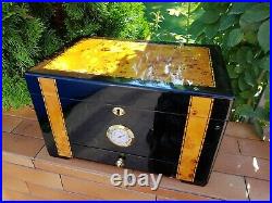 Vintage BIG SIZE Cigar Box Humidor With Hygrometer Wooden Black 37 x 24 x 22cm