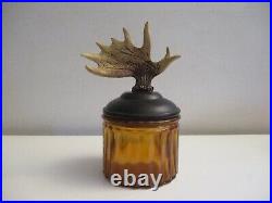 Vintage Bull Moose Antler & Amber Glass Tobacco Stash Jar Humidor Nice Piece