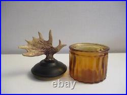 Vintage Bull Moose Antler & Amber Glass Tobacco Stash Jar Humidor Nice Piece