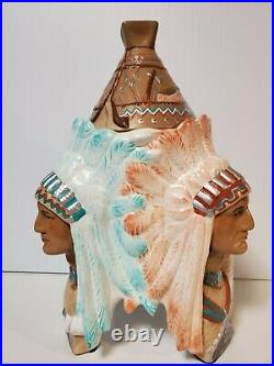 Vintage CHALKWARE BUST HUMIDOR 3 Indian CHIEFS TABACCO Jar Excellent Antique