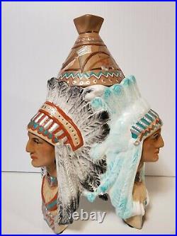 Vintage CHALKWARE BUST HUMIDOR 3 Indian CHIEFS TABACCO Jar Excellent Antique