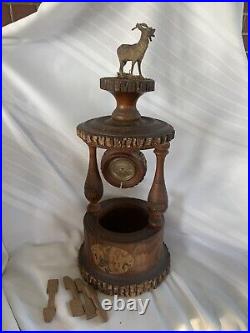 Vintage Carved Wood Humidor Clock Ram Figural Cigar Tobacco Pipe