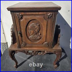 Vintage Carved Wood Smoking Cabinet Copper Lined Humidor Stand Brown Decor