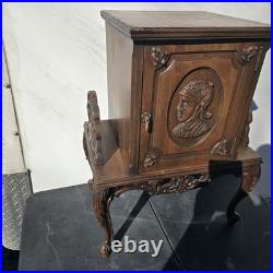 Vintage Carved Wood Smoking Cabinet Copper Lined Humidor Stand Brown Decor