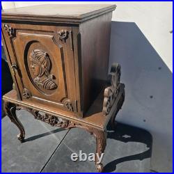 Vintage Carved Wood Smoking Cabinet Copper Lined Humidor Stand Brown Decor