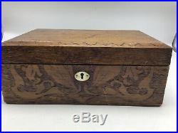 Vintage Cigar Humidor Wood Box Tin Lined Lock No Key Primitive Etched Design