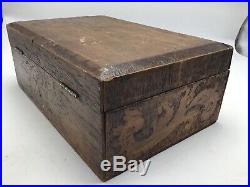 Vintage Cigar Humidor Wood Box Tin Lined Lock No Key Primitive Etched Design