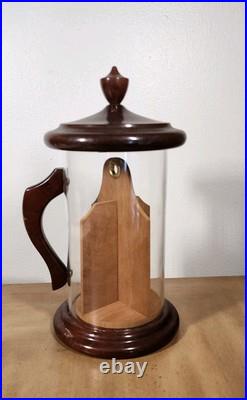 Vintage ColoniaL Cigar Tobacco Holder Clear Container with Wooden Lid Handle Base