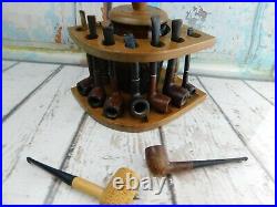 Vintage Dun-Rite Wood Nov Inc 7 Pipe Stand Brown Glass Humidor + 9 Pipes