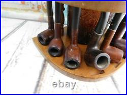 Vintage Dun-Rite Wood Nov Inc 7 Pipe Stand Brown Glass Humidor + 9 Pipes