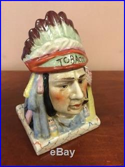 Vintage Early 1900s Porcelian Ceramic Indian Chief Tobacco Jar Humidor