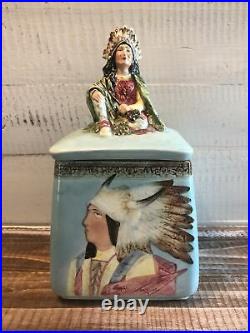 Vintage Figural Native American Indian Majolica Jar Pipe Tobacco Humidor Painted
