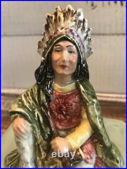 Vintage Figural Native American Indian Majolica Jar Pipe Tobacco Humidor Painted