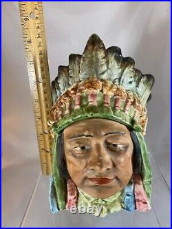 Vintage Figural Native American Indian Majolica Jar Tobacco Humidor Shelf Sitter