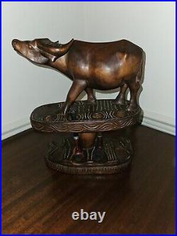 Vintage Hand Carved Wood Bull & Snake 6 Smoking Pipe Rack Philippines Pipes Incl