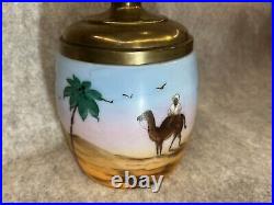 Vintage Hand Painted BRISTOL GLASS Tobacco Humidor with Brass Lid Camel Palm Trees