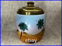 Vintage Hand Painted BRISTOL GLASS Tobacco Humidor with Brass Lid Camel Palm Trees