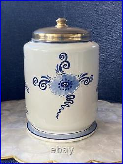 Vintage Holland Delfts Blauw S 1392A Hand Painted Toeback Tobacco Jar Brass Lid