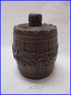 Vintage Humidor Black Forest Carved Wood Barrel Container