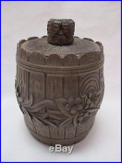 Vintage Humidor Black Forest Carved Wood Barrel Container