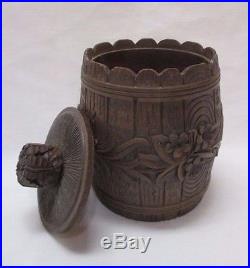 Vintage Humidor Black Forest Carved Wood Barrel Container