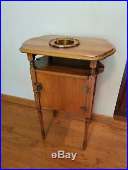 Vintage Humidor Metal Lined Wooden Smoking Stand Table with Brass Ashtray