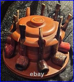 Vintage Humidor Pipe Wrack With Vintage Pipes! Beautiful Revolving Walnut Wood