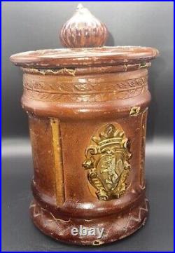Vintage Italian Leather & Green Glass Tobacco Humidor Jar
