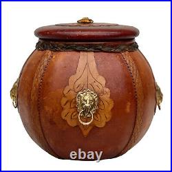 Vintage Italian Leather Wrapped Glass Humidor Tobacco Jar with Lion Head Motif
