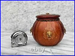 Vintage Italian Leather Wrapped Glass Humidor Tobacco Jar with Lion Head Motif