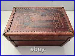 Vintage Leather Humidor Box Handcrafted Mahogany & Brass 1920s-1940s Rare