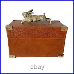 Vintage Leather Wrapped Wood & Brass Cigar Humidor Box WithRabbit Finial Italy