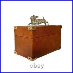 Vintage Leather Wrapped Wood & Brass Cigar Humidor Box WithRabbit Finial Italy