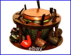 Vintage MCM Fairfax Wooden w 9 Pipes Stand & Green Soreno Glass Humidor Lidded Vintage MCM Fairfax Wooden w 9 Pipes Stand & Green Soreno Glass Humidor Lidded