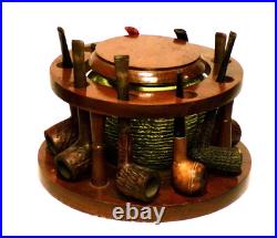 Vintage MCM Fairfax Wooden w 9 Pipes Stand & Green Soreno Glass Humidor Lidded Vintage MCM Fairfax Wooden w 9 Pipes Stand & Green Soreno Glass Humidor Lidded