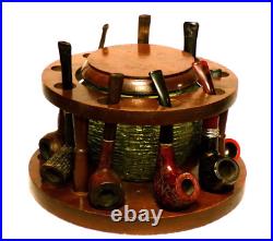Vintage MCM Fairfax Wooden w 9 Pipes Stand & Green Soreno Glass Humidor Lidded Vintage MCM Fairfax Wooden w 9 Pipes Stand & Green Soreno Glass Humidor Lidded