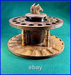 Vintage MCM Round Black Walnut Wooden 20 Pipe Holder Stand & Humidor Beautiful