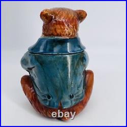Vintage Majolica Bear Pipe Smoking Lidded Humidor Tobacco Jar-very Rare-htf