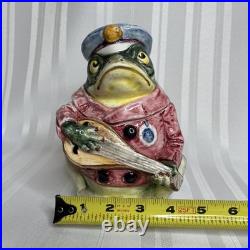 Vintage Majolica Frog Playing Mandolin Humidor Austrian Tobacco Jar