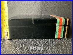 Vintage Old Luxury Lacquered Humidor Gold Jade & Red Coral Strips Cigars Box