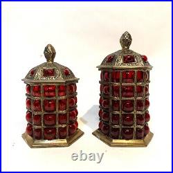 Vintage Ornate Tobacco 2 Jar Set Brass & Ruby Bubble Glass