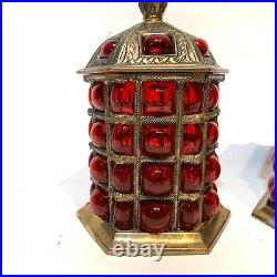 Vintage Ornate Tobacco 2 Jar Set Brass & Ruby Bubble Glass