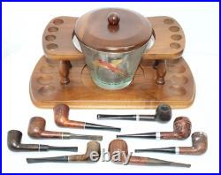 Vintage Pheasant Bird Glass Humidor In Wood Pipe Rack Stand Holds 8 LOOK