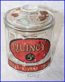 Vintage Quincy 5 Cent Cigar Glass Jar Humidor Ribbed Sides Super Rare